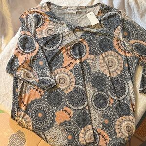 Southern Lady Geometric Print Blouse in Blue and Orange